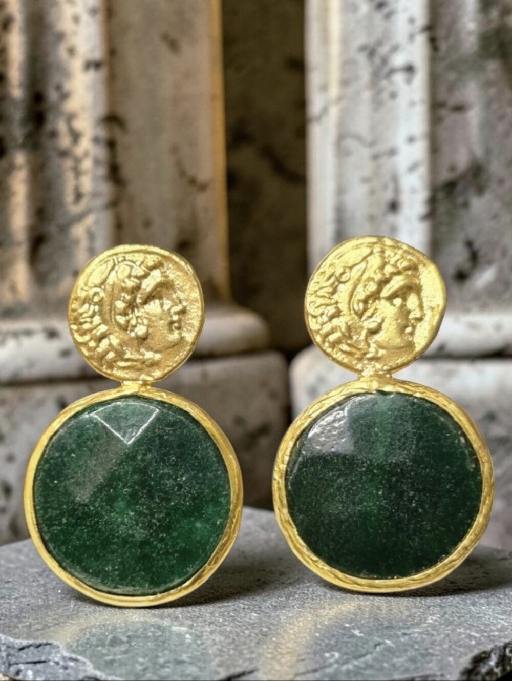 22k Gold Plated Artisan Byzantine Roman Coin Genuine Raw Emerald Earrings